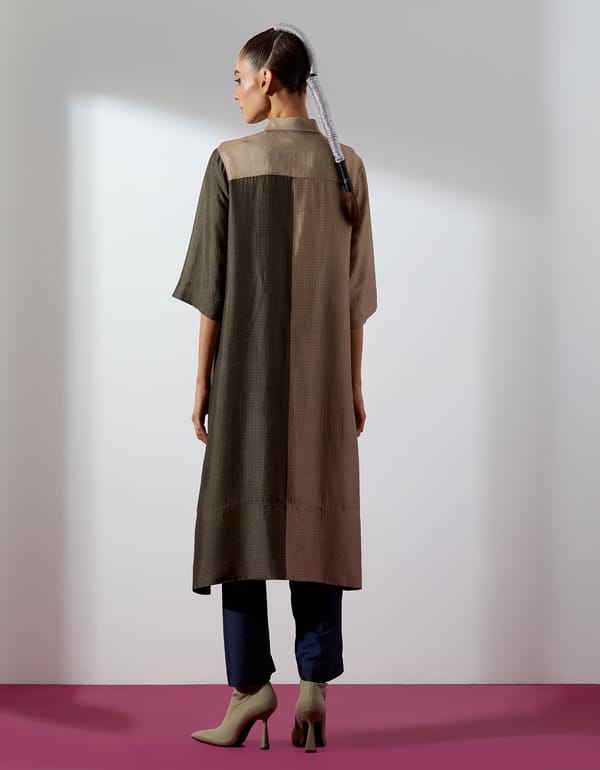 Soft Grey/Beige Colorblocked Collared Kurta Set — CLOS
