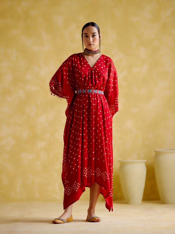 Red Bandhani Modal Satin Kaftan with Waist Tie — 5 Elements