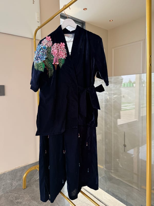 Navy Velvet Wrap Kimono and Wide-Leg Pants Co-ord Set — THE FINICKY COLORIST