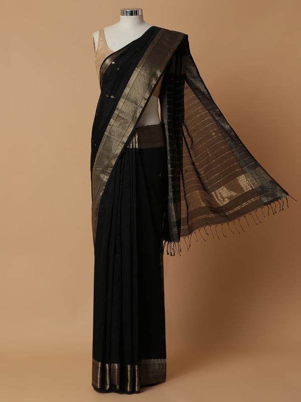 Maheshwari Cotton Silk Black Woven Diamond Butta — BINKS