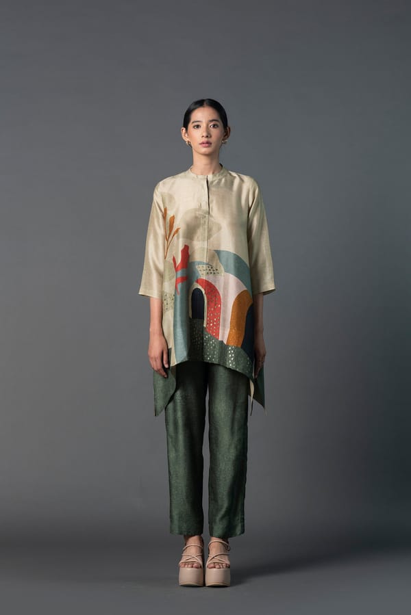 Beige and Green Dupion Silk Kurta Pant Co-ord Set — CLOS