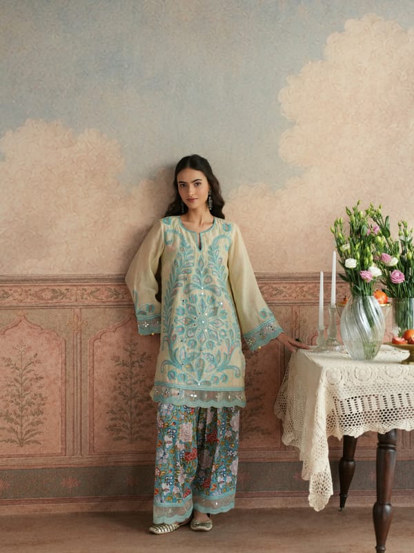 BUTTER YELLOW & TURQUOISE SHORT KURTA WITH FARSHI SALWAR & DUPPATA — TASHA INDIA