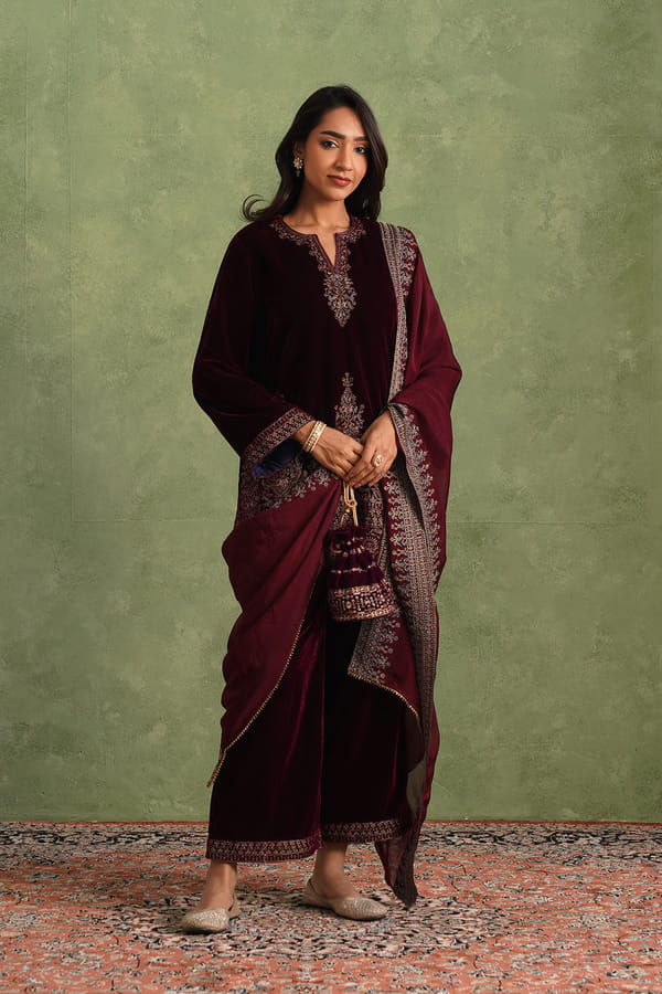 Wine Velvet Embroidered Straight Kurta Set with Dupatta — INCHING INDIA