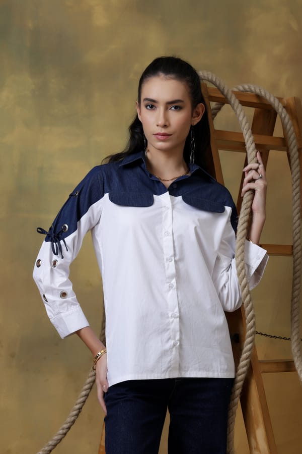 Two-Tone Denim Panel White Button-Down Shirt — Rhe-Ana