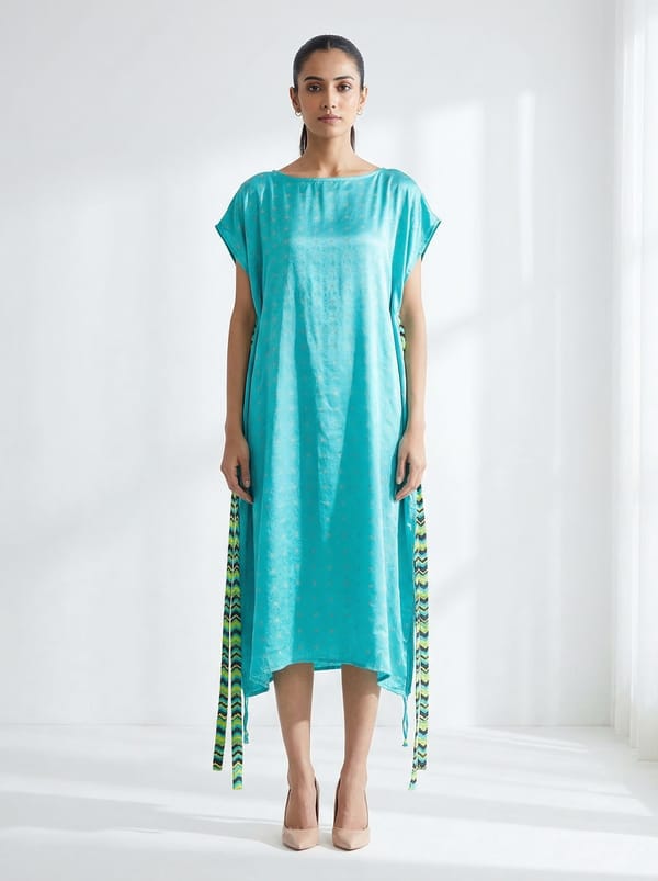 Pastel Aqua Printed Viscose Kaftan with Side Ties — CUIN