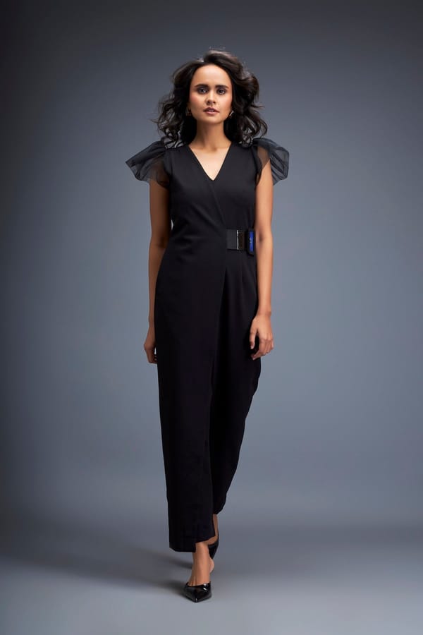 Jumpsuit with Tulle Shoulders and Neon Belt — Deepika Arora