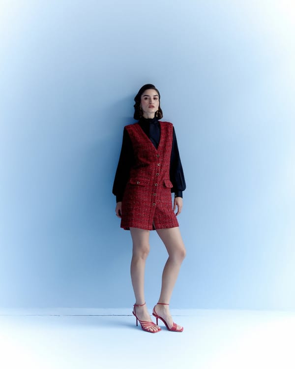 Red Tweed V-Neck Button-Front Mini Dress — KAYSHO