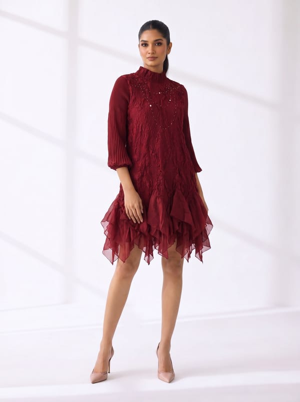Red High-Neck A-Line Mini Dress with Ruffled Hem — Pleats by Aruni