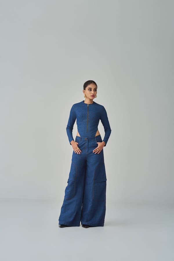 Blue Denim Zip-Front Wide-Leg Jumpsuit — Saaksha and Kinni