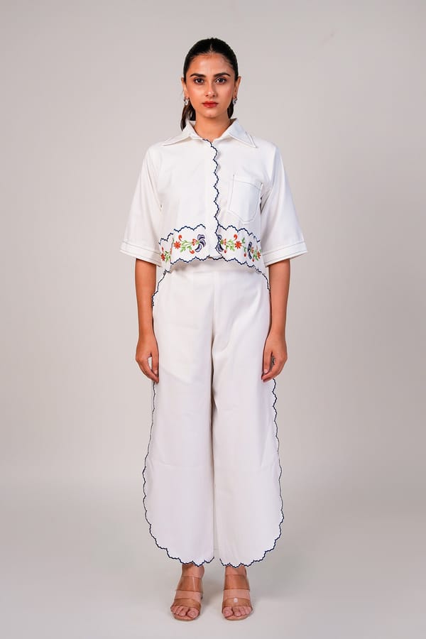 Ivory Scallop-Trim Shirt and Wide-Leg Pants Co-ord Set — 9899