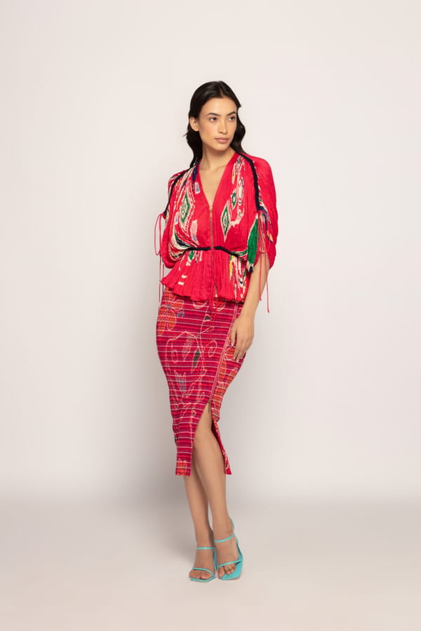 Pink and Orange Smocked Midi Pencil Skirt with Side Slit — Saaksha and Kinni