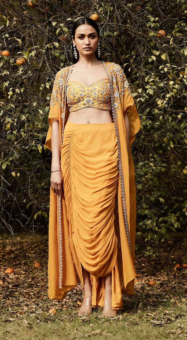 Orange Draped Dhoti and Cape Co-ord Set — Basanti Kapde aur Koffee