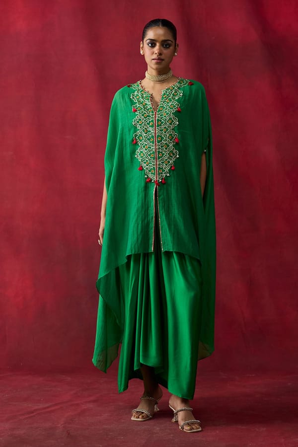 Green Embroidered Cape and Draped Maxi Skirt Co-ord Set — Shikha Mehta