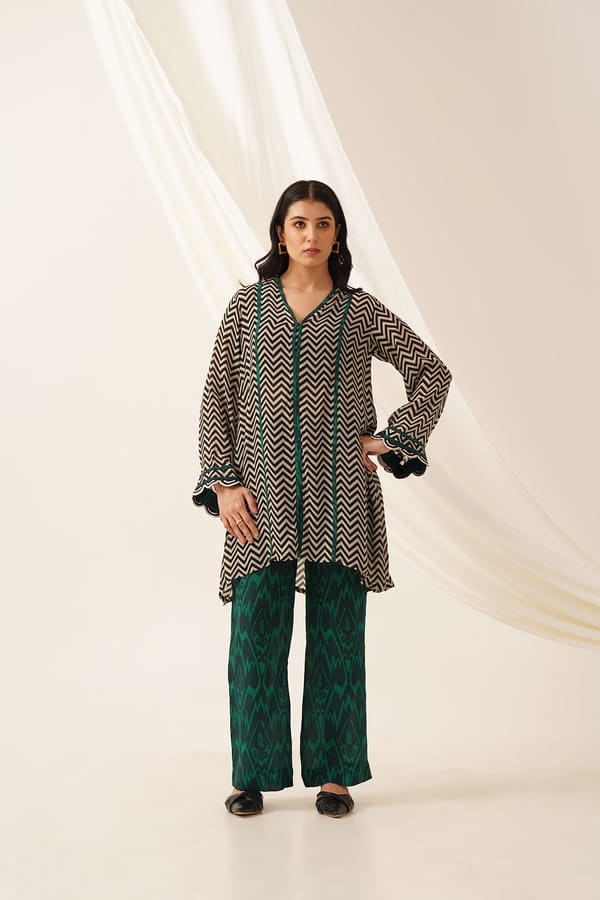 Black and White Chevron Tunic and Green Pants Co-ord Set — NEETIKA CHOPRA