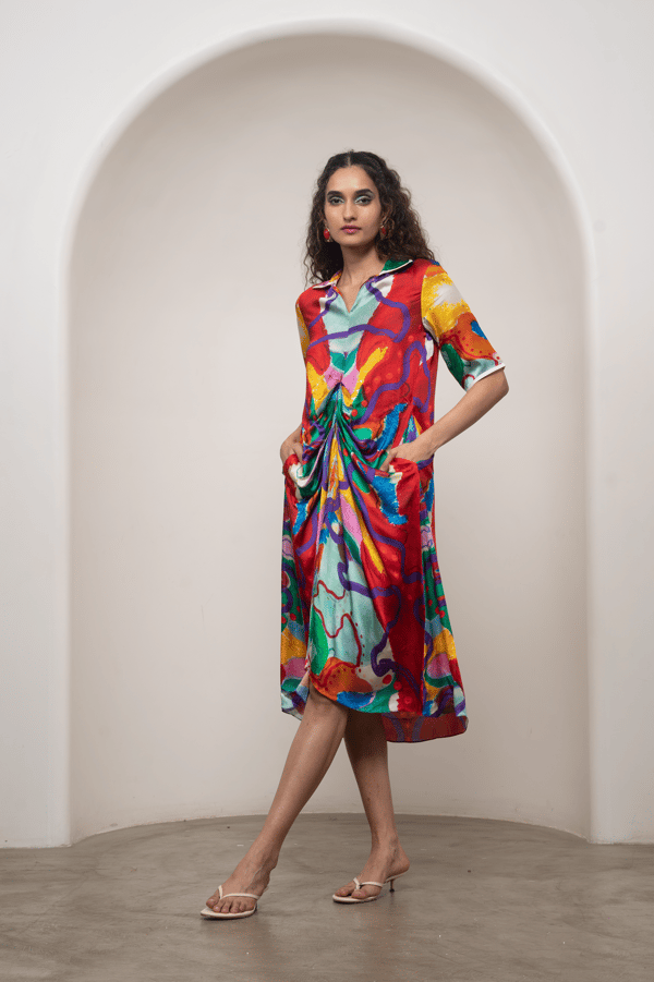 Multicolor Abstract Print Draped Midi Shirt Dress — ADVAIT