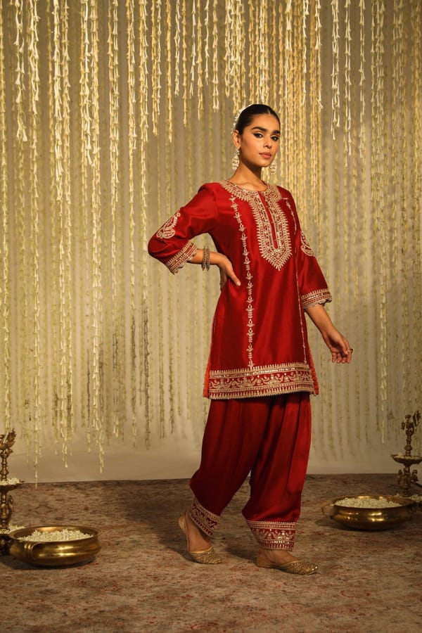 Deep Red Embroidered A-Line Kurta Set with Salwar and Dupatta — Sheetal Batra