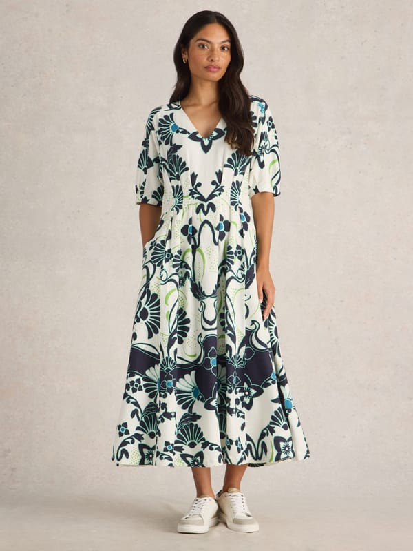 Ivory Floral Print V-Neck Fit and Flare Midi Dress — White Stuff