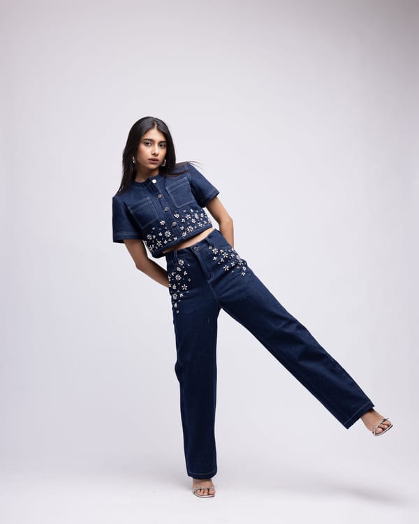 Dark Blue High-Rise Barrel Jeans with Crystal Embellishment — MAGIA