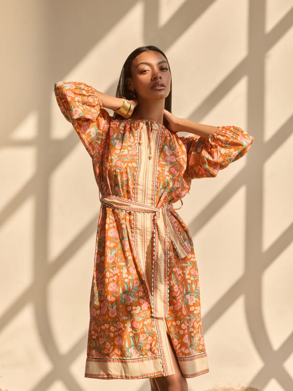 Orange Floral Printed Cotton Midi Dress with Tie Belt — Style Island