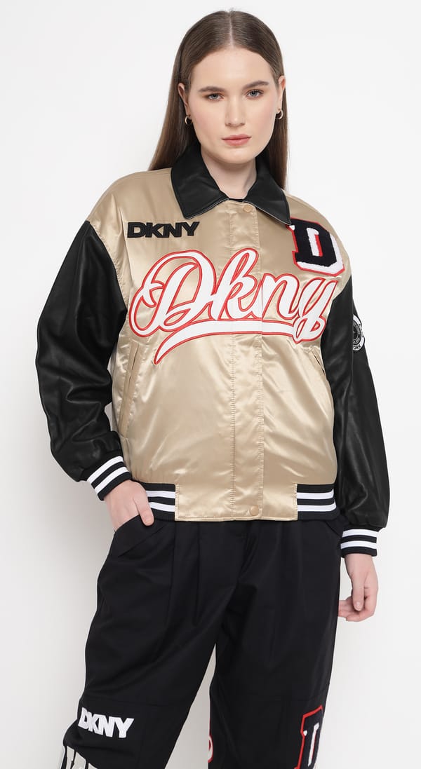 Beige and Black Colorblock Varsity Bomber Jacket — DKNY