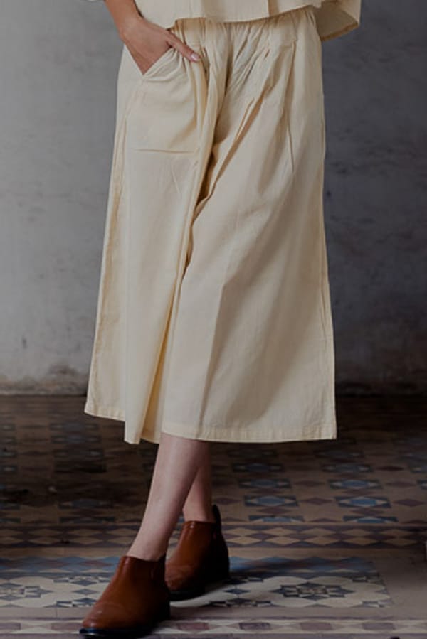 Natural White Cotton Culottes with Elasticated Waist — Vraj Bhoomi