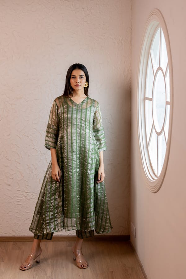 Olive Green Zari Striped Flared Chanderi Kurta Set — Silai studio