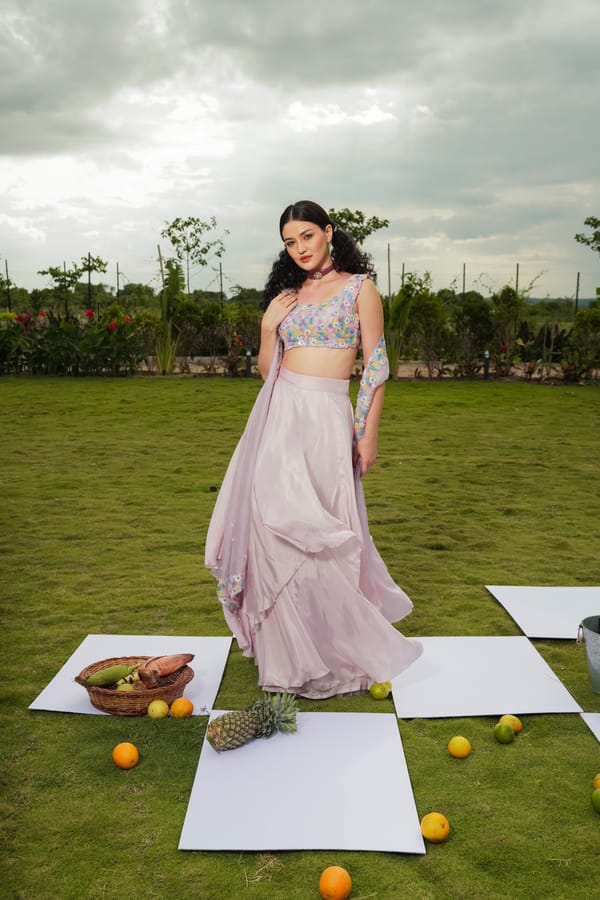 Pink Embroidered Lehenga Set with Tiered Skirt — Isha Sawhney