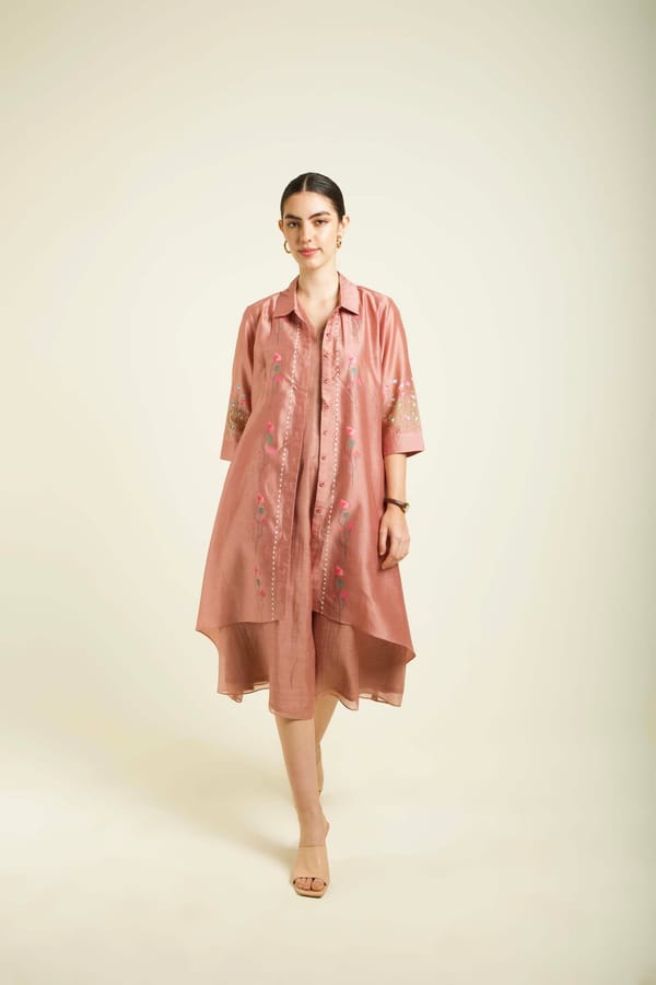 Almond Pink Chanderi Jacket Dress Set — Arcvsh Pallavi Singh