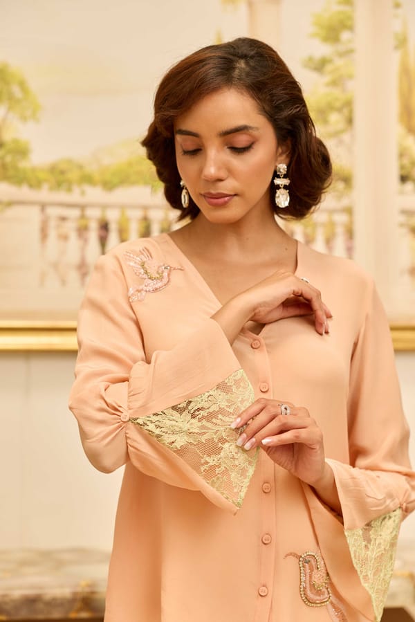 Serenade Peach Hand Embroidered French Lace Crepe Silk Top — DAREISS