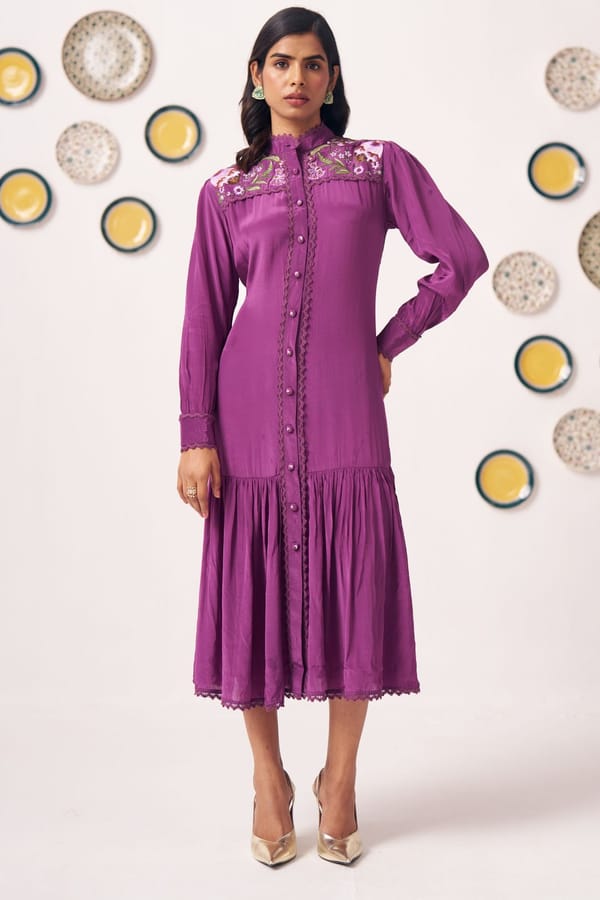 Purple Embroidered Yoke Tiered Midi Shirt Dress — Western Era