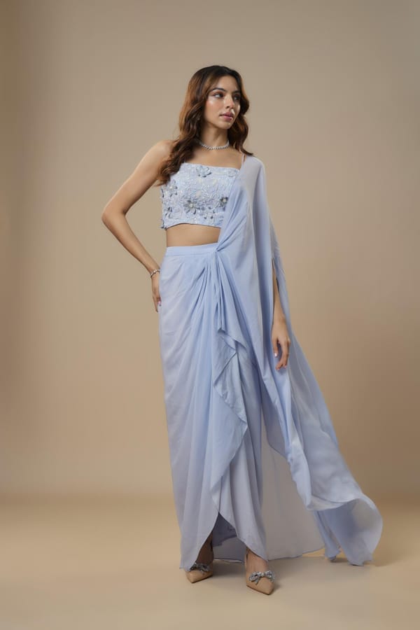 Ice Blue Drape Saree — EWOKE STUDIO