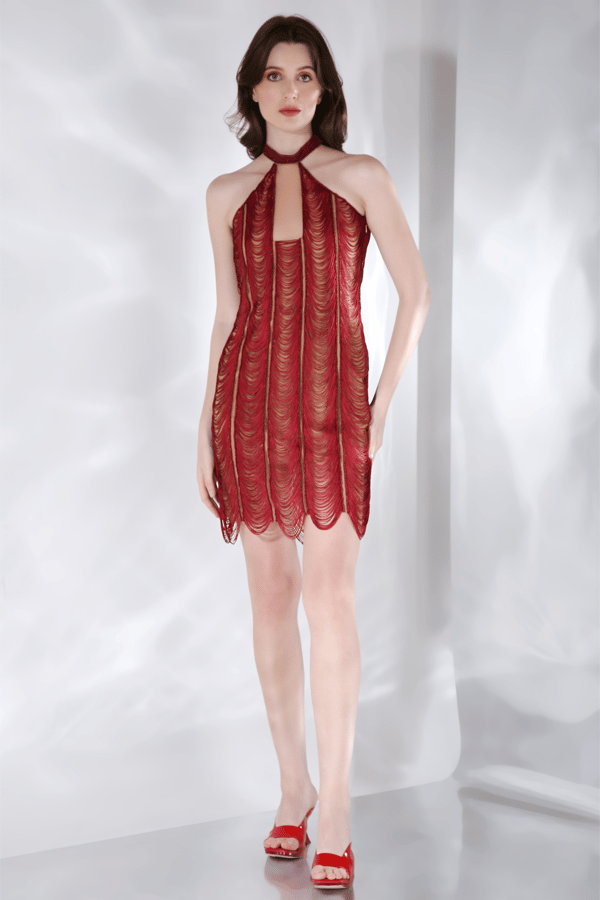 Deep Red Halter Keyhole Embroidered Fringe Mini Dress — OZEQO