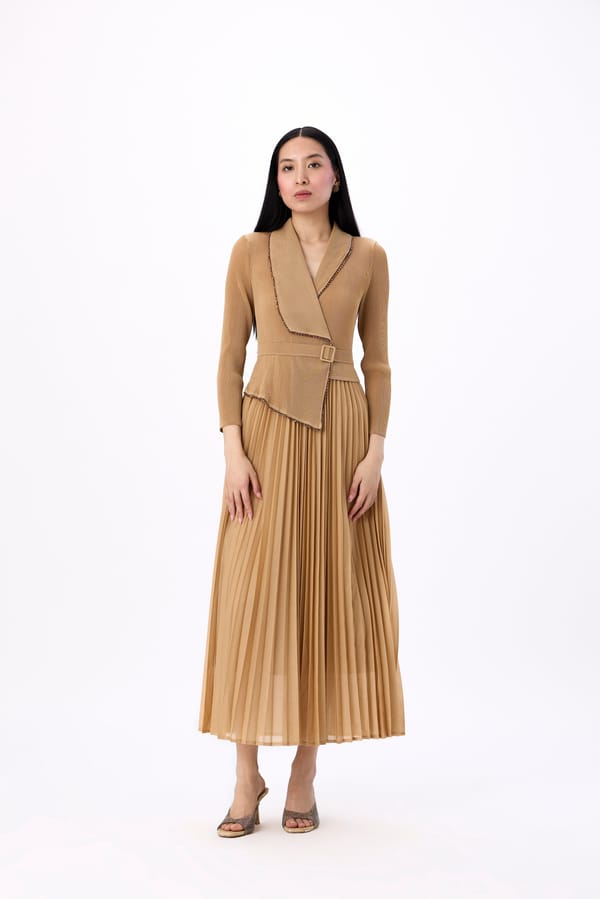 Light Mocha Wrap Maxi Dress with Pleated Skirt — Scarlet Sage