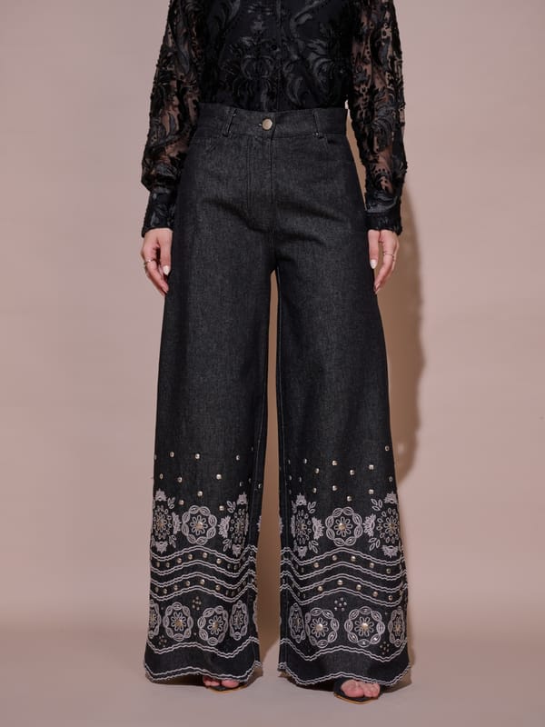 Black High-Rise Wide-Leg Embroidered Denim Trousers — Style Island