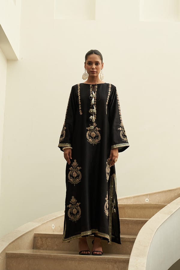 Black Chanderi Silk Embroidered A-Line Kaftan — Chakkraa
