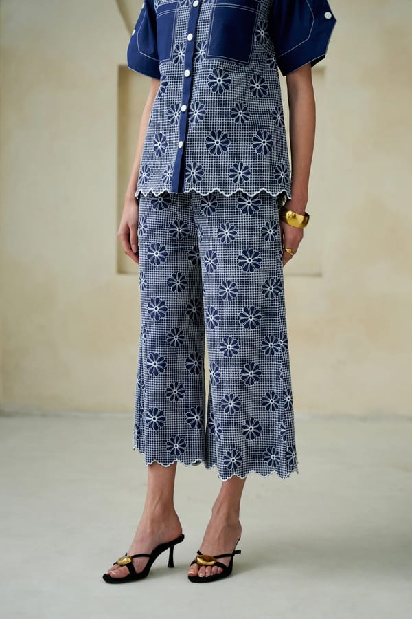 Navy Cotton Embroidered Cutwork Wide-Leg Pants — STITCH STORIES