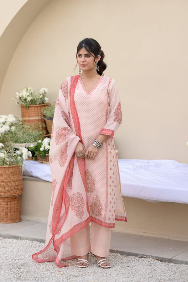 Peach Block Print Chanderi Suit Set with Gota Spread Work-SET OF-3 — MAHEE JAIPUR