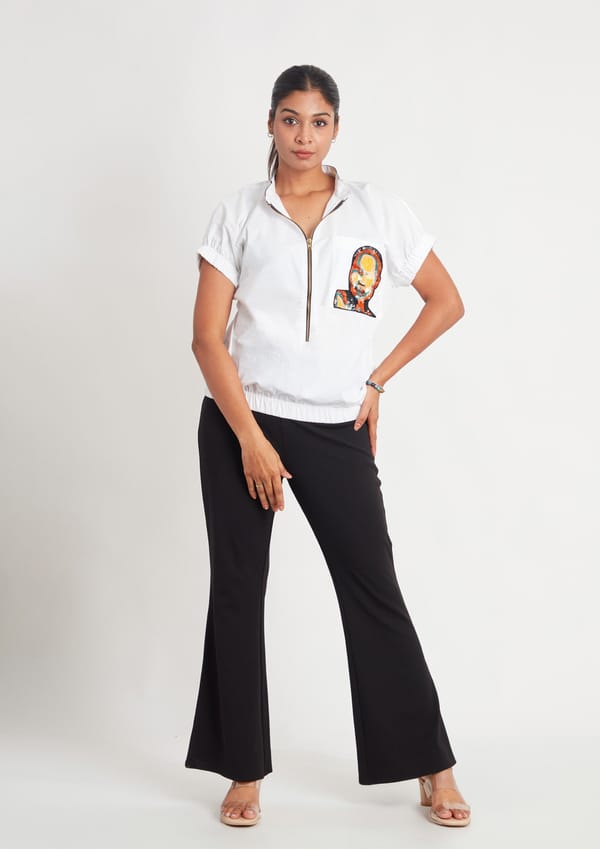White Bomber Top with Embroidery — Richa Goenka