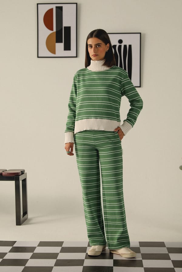 Green Striped Turtle Neck Co-ord Set with Wide-Leg Pants — Muvazo