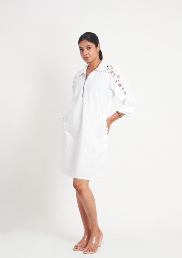 White One Piece Cotton Dress with Eyelets and Snap Buttons — Richa Goenka