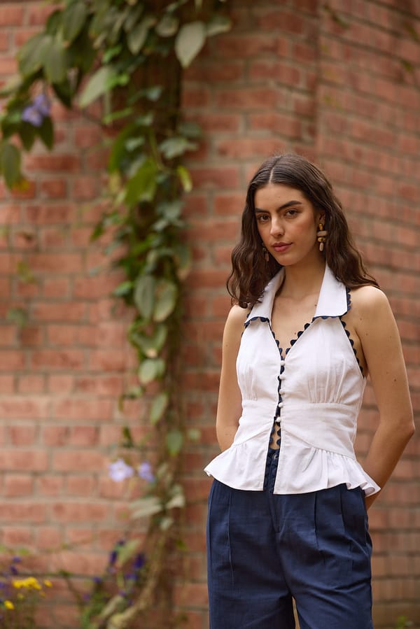 White Collared Peplum Top with Navy Scallop Trim — The clothing factory