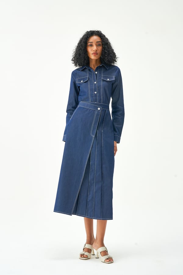 Blue Denim Shirt and Midi Skirt Co-ord Set — NOTEBOOK