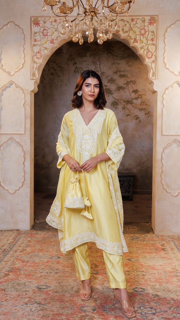 Butter Yellow Abha Kurta with Pants and Potli — Kylee Fashions