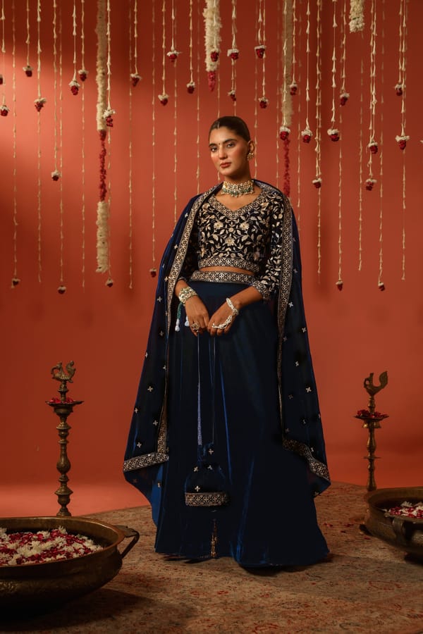 Blue Velvet Zari Embroidered Lehenga Set with Dupatta — NARAYANI VASTRA