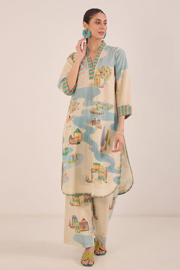 Cream Scenic Print Cotton Kurta and Wide-Leg Pants Set — SHIVANI BHARGAVA