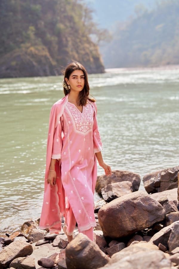 Pink Pure Cotton Embroidered Kurta Set with Dupatta — NARAYANI VASTRA