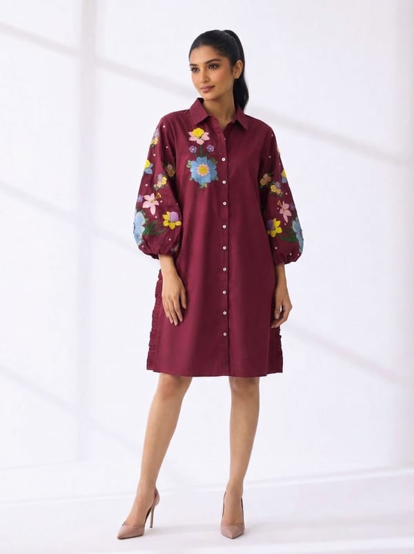 Red Floral Applique Shirt Dress — RUCHIKA MALLIKA LABEL