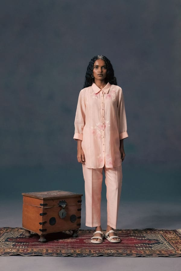 Old Rose Shirt & Straight Pants In Slik Chanderi — Arcvsh Pallavi Singh
