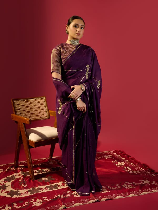 Deep Purple Keri Jaal Saree With Stripe Blouse — KOMAL SHAH
