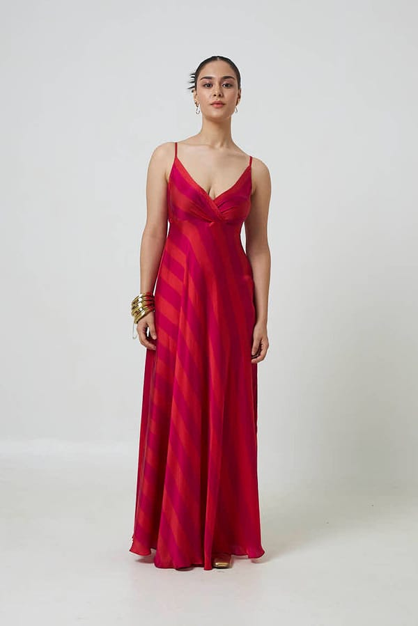 Pink/Red Striped Satin Maxi Dress — MOMENT BOMBAY